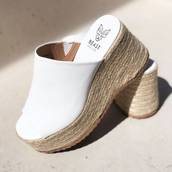 NEW White Smooth Faux Leather Espadrilles Chunky Platform Wedge Slides Sandals - Picture 8 of 13